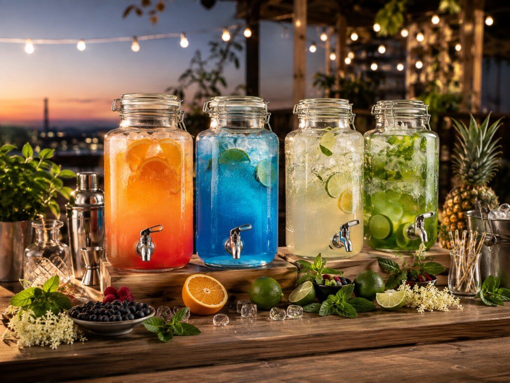 Vier farbige Cocktail-Glasgebinde am Outdoor-Event