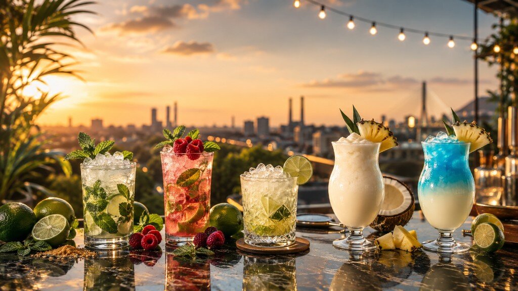 Fünf Signature Cocktails auf der Rooftop-Bar bei Sonnenuntergang
