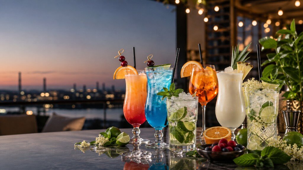 Sechs bunte Cocktails mit Skyline im Hintergrund